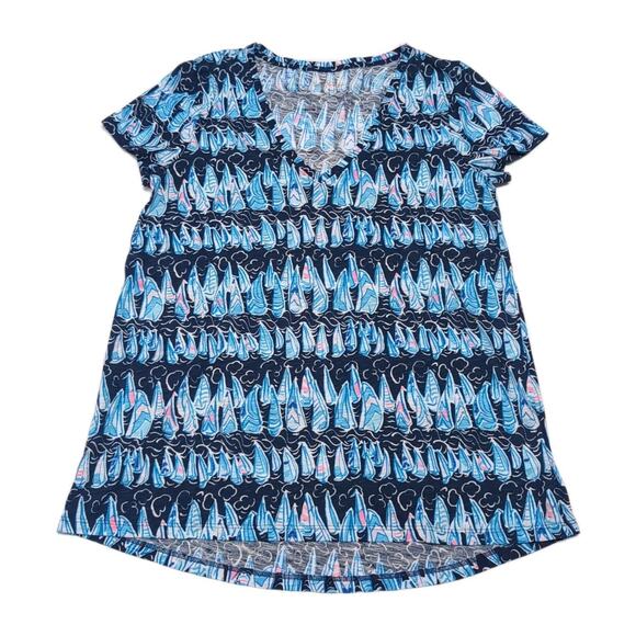 Lilly Pulitzer Etta V-Neck Top Womens S Blue Sails & Stripes T-Shirt Tee NEW NWT - Picture 3 of 14